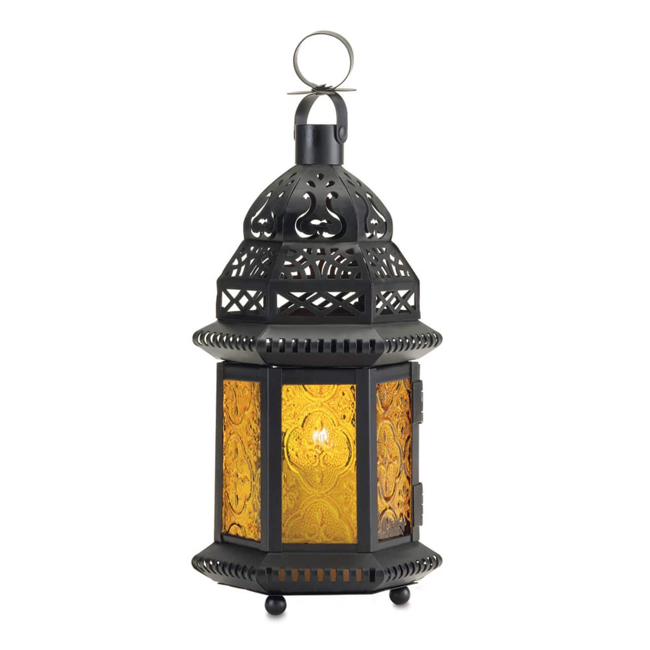 10&#x22; Black Moroccan Style Hanging Candle Lantern with Etched Yellow Glass